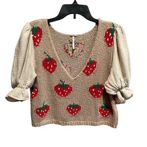 NWOT Free People Beige Knit Top with Vibrant Accents